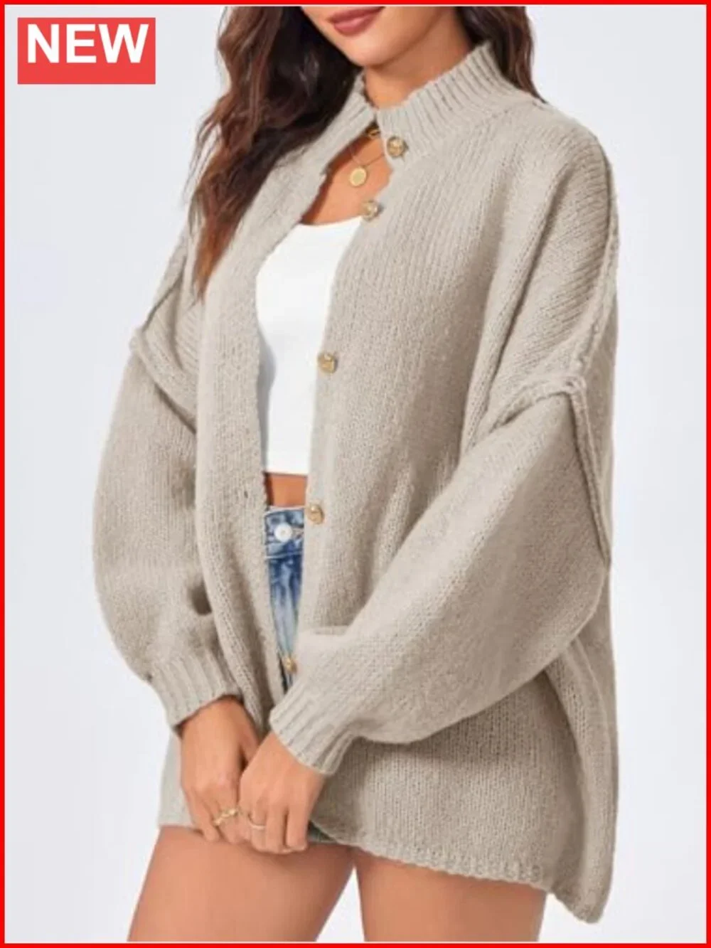 Oversized Lantern Sleeve Button Down Chunky Knit Cardigan Sweater Coat